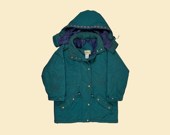 1990s LL Bean parka jacket, vintage 90s men&#39;s green zip up & snap hooded puffer winter coat