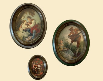 Vintage Italian florentine frame set, set of 1960s oval shaped frames w/ Victorian style prints, 3 piece gallery wall set