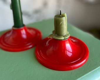 Vintage 60s candlestick holders, set of 2 red 1960s plastic / metal candlestick holders