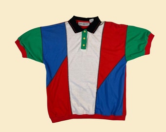 90s colorblock polo shirt, women's M vintage Goola Gong red, green, blue & white short sleeve casual top