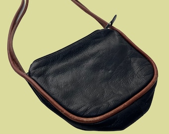 90s soft leather shoulder bag by Kenneth Cole, vintage black and brown crossbody bag, 1990s purse