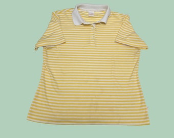 1960s Jantzen polo shirt, women's large yellow and white striped polo short sleeve blouse
