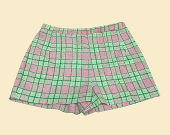 70s plaid women&#39;s shorts by Miss Holly, 29&quot; waist plaid mini shorts, vintage 1970s green, pink and white polyester shorts