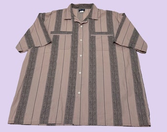 80s men's short sleeve shirt by Blair Menswear, vintage geometric button down, beige and black abstract large button down men's shirt