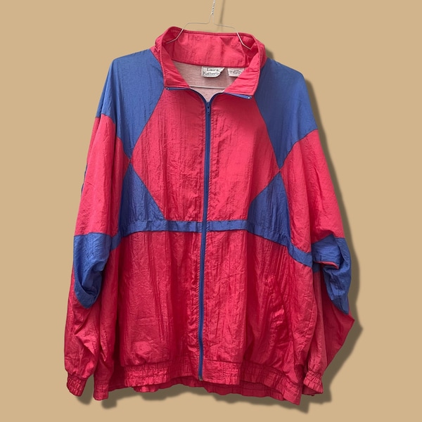 1990s zip up windbreaker in size 26W, vintage neon jacket in pink and blue, 90s tracksuit