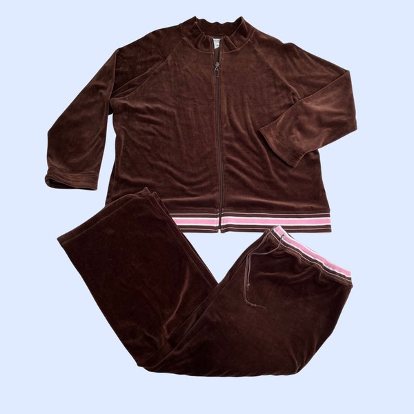 80s velour tracksuit with pants and jacket, vintage brown and pink track suit, 1980s patterned athletic wear