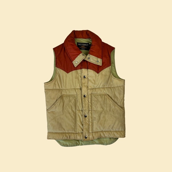 1970s orange/tan puffer vest by Sears Western Outdoor Wear, vintage 70s snap clasp vest