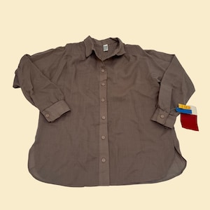 1970s brown women&#39;s shirt, NOS size 11 vintage button down with tags, 70s collared long sleeve blouse in polyester and wool