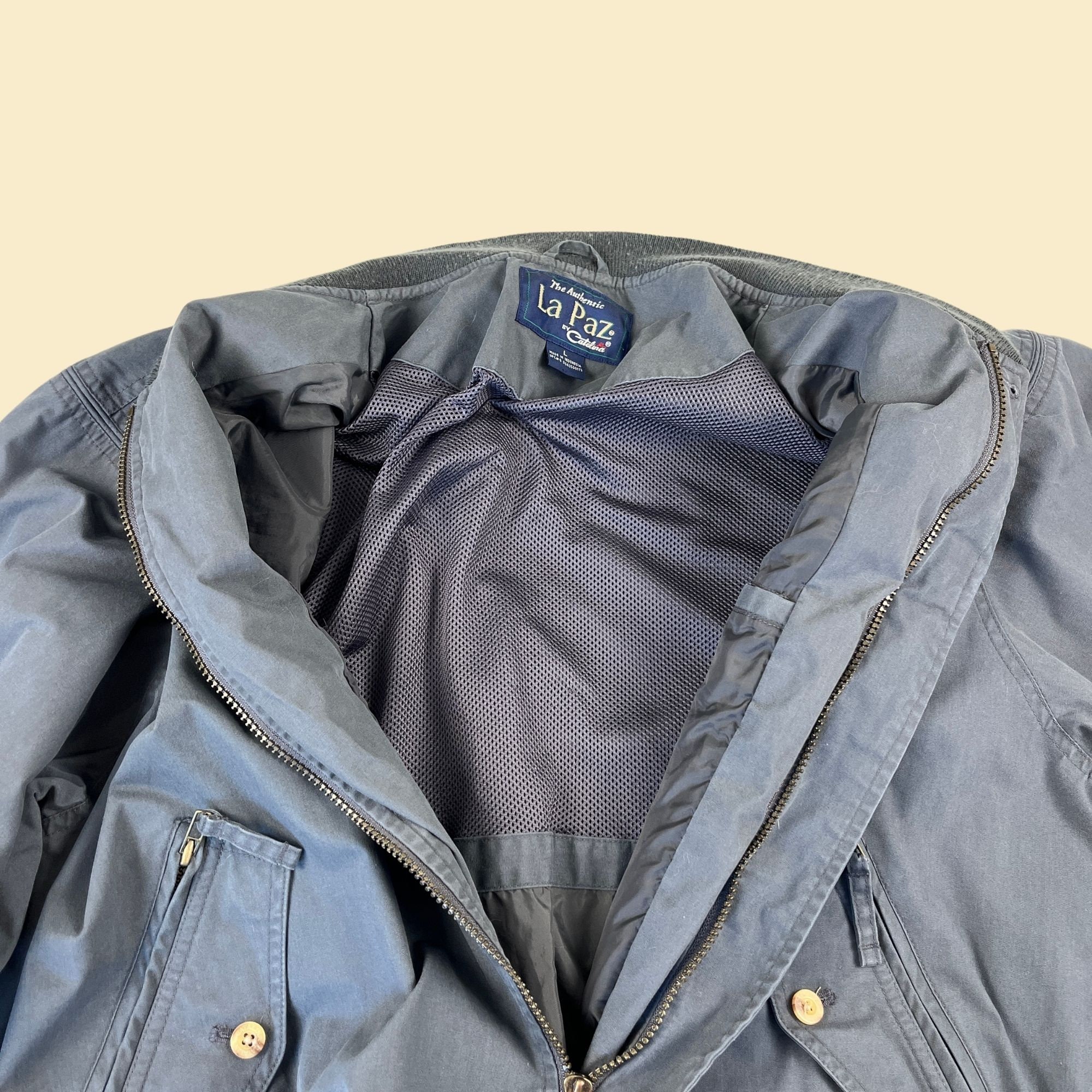 1990s Grey Bomber Windbreaker Jacket by La Paz by Catalina Size L 90s Men s Varsity Jacket w Knit Trim