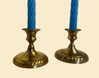 Vintage 1980s brass candlestick holders, set of 2 small solid brass taper candle holders