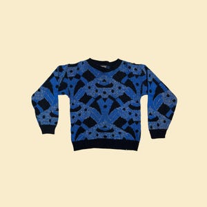 1970s geometric M sweater, vintage Tons O&#39; Fun blue/black pullover crewneck acrylic sweater