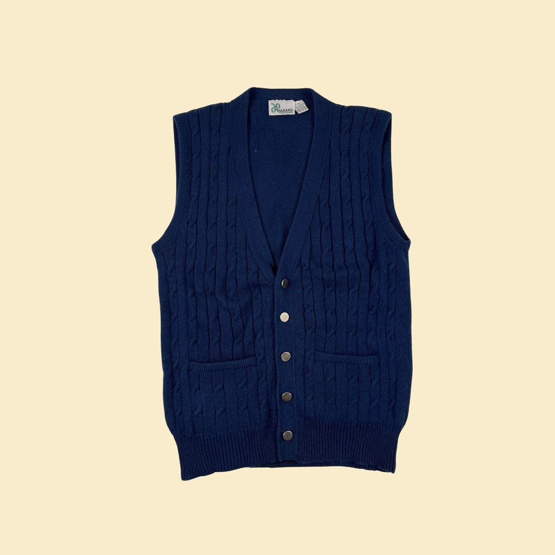 1980s S Dark Blue Sweater Vest by Haband, Button up Men's Vintage Knit