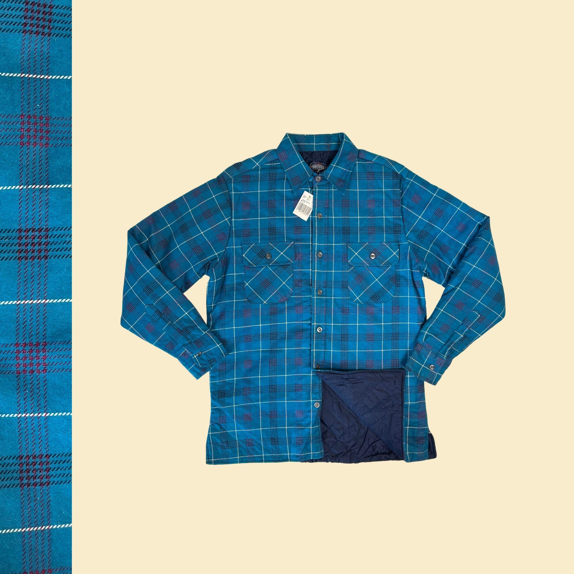 90s M quilt-lined flannel, vintage 1990s Alpine Trail teal blue & purple plaid flannel shirt jacket, new old stock (w/ tags)