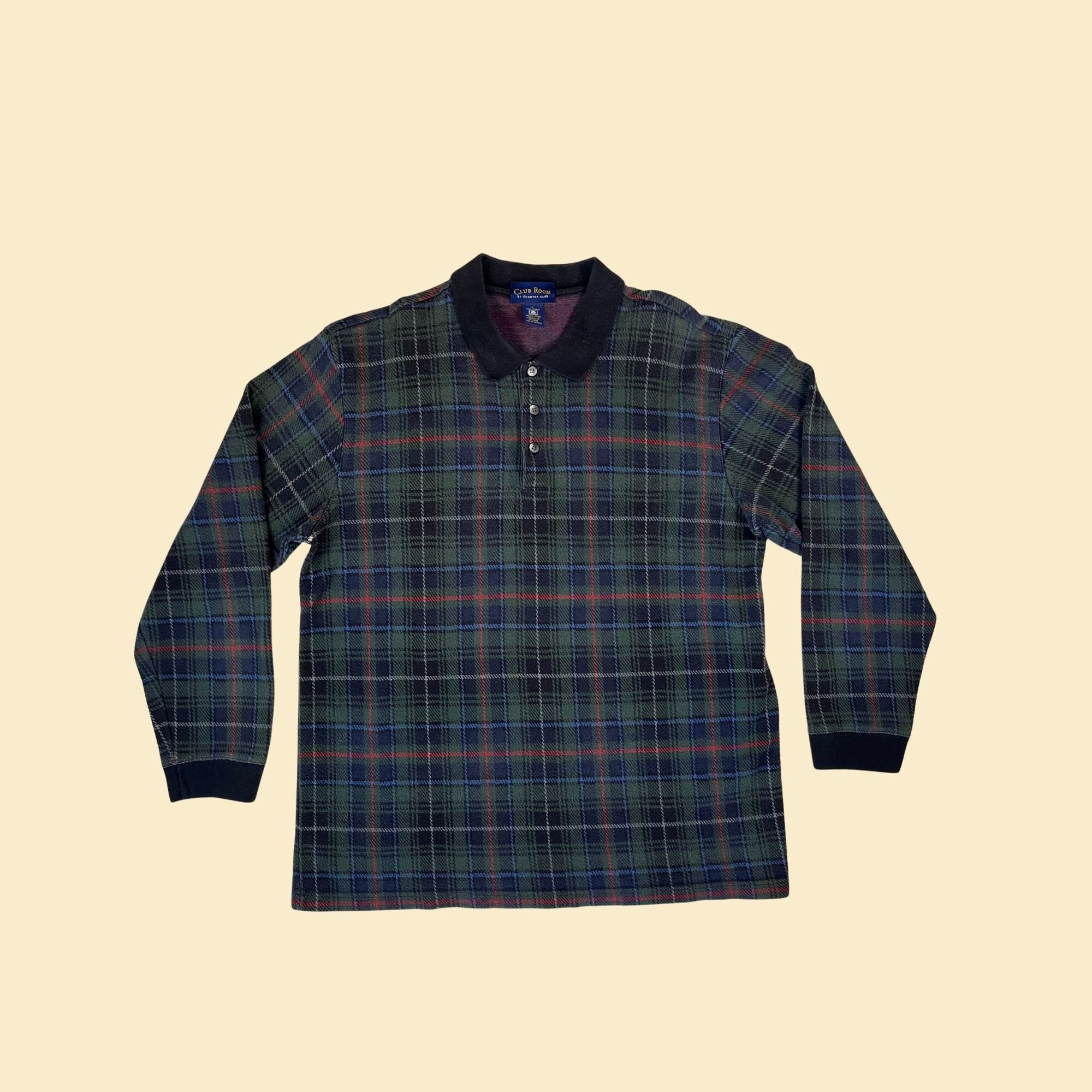 90s Men's Plaid Polo Shirt, Size L Long Sleeve Plaid 1990s Vintage