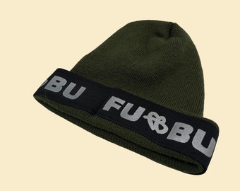 90s FUBU beanie, vintage 1990s knit FUBU hat with ribbed texture in hunter green and grey/silver