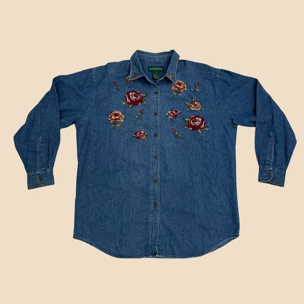 Vintage embroidered denim shirt with floral designs, medium embroiderd women's button down by Bushwacker, vintage 90s women's denim top