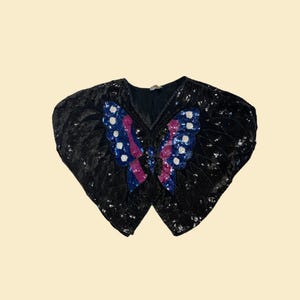 1980s butterfly blouse, vintage silk/rayon beaded butterfly shaped black & pink women&#39;s top