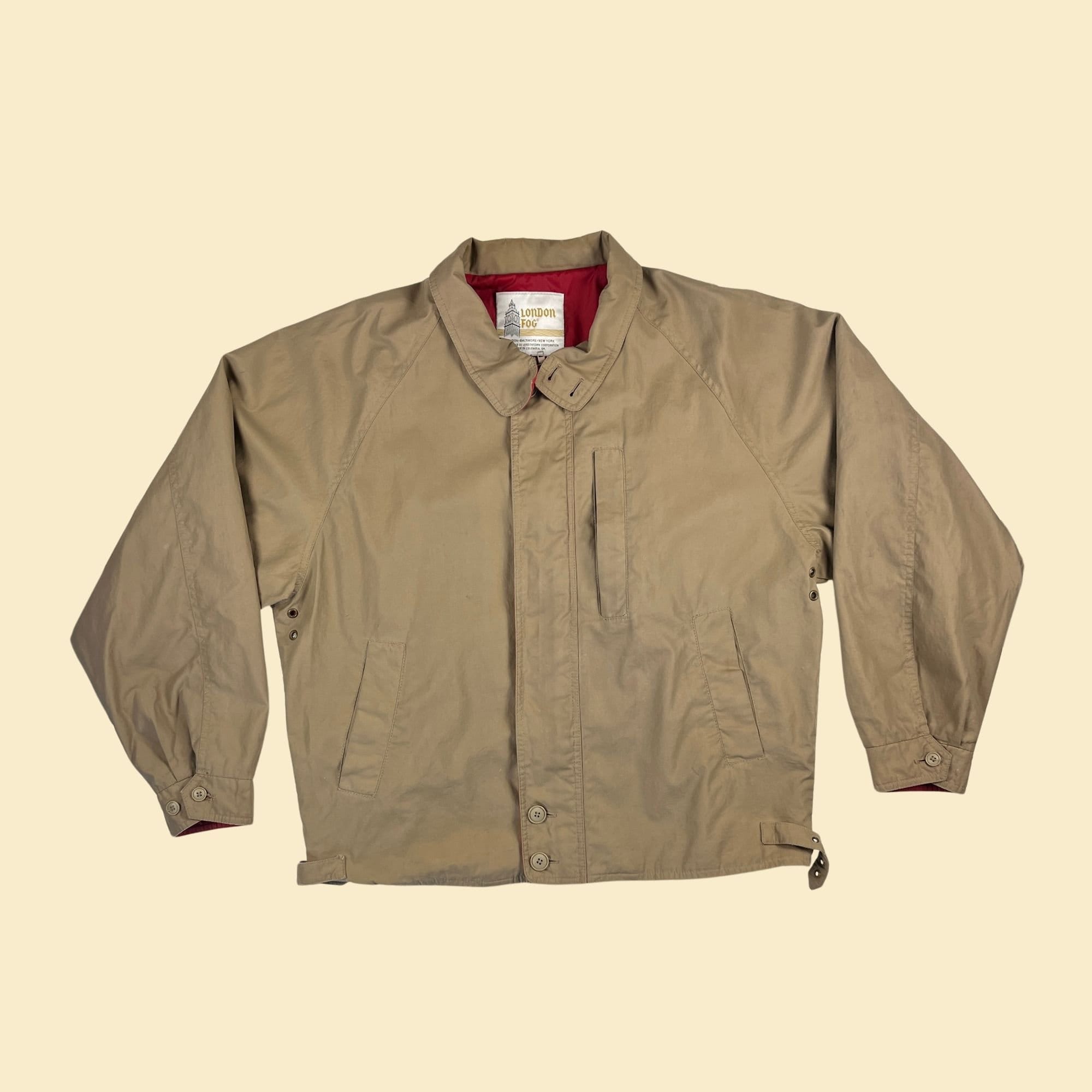 90s London Fog Jacket, Vintage 1990s Beige / Khaki & Red Zip 90s London Fog Jacket, Vintage 1990s Beige / Khaki & Red Zip