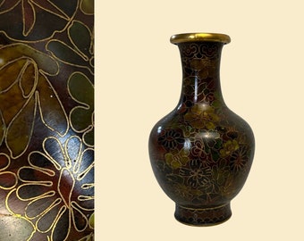 1950s cloisonné floral vase, vintage jewel tone floral vase with gold colored trim