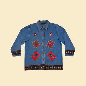 1990s abstract denim shirt, size L vintage women&#39;s blue, red & orange geometric button down jean top by Lifestyle