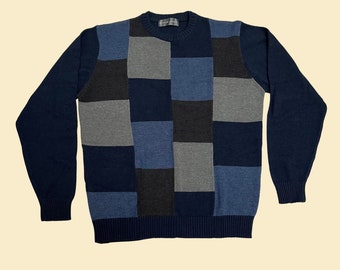 90s Oscar de la Renta sweater with geometric pattern, blue and grey 1990s pullover, vintage knit crewneck