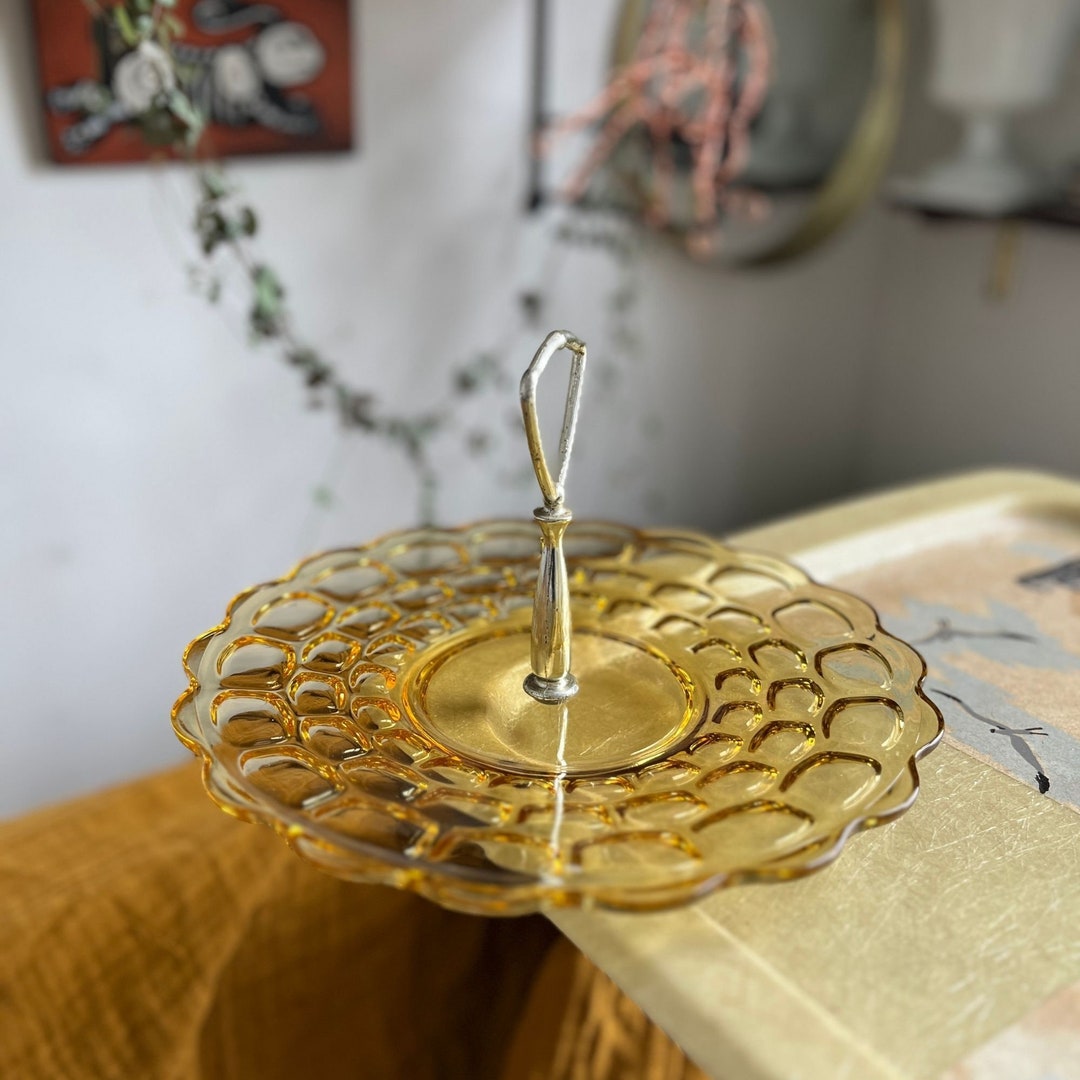 60s Glass Yellow Serving Tray With Top Handle, Vintage 1960s Amber