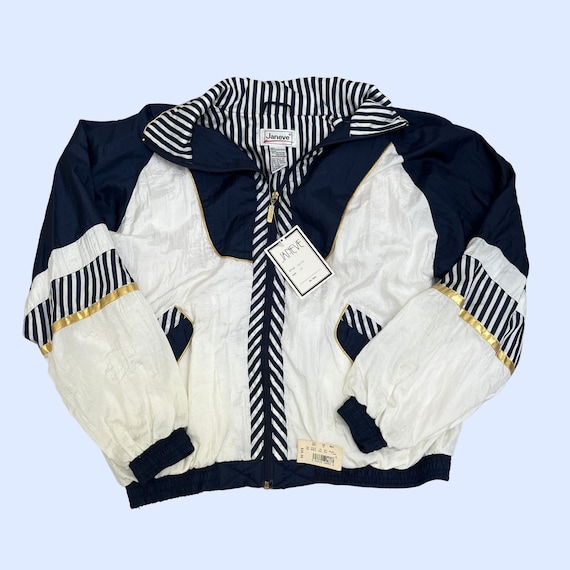 80s Janeve Patterned Windbreaker With Tags, 80s Janeve Blue
