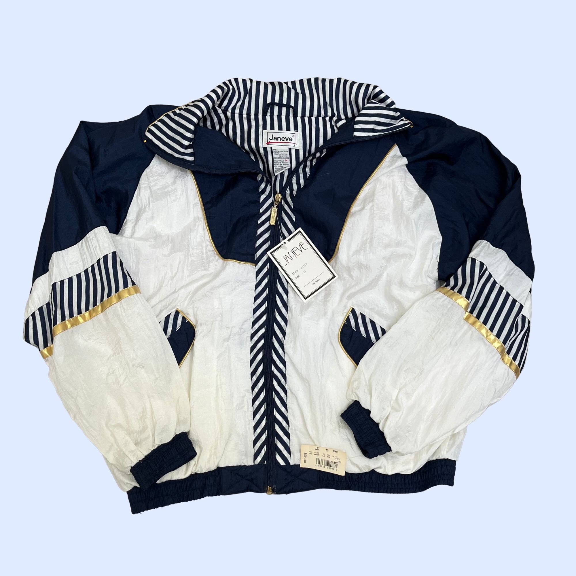 80s Janeve Patterned Windbreaker With Tags, 80s Janeve Blue