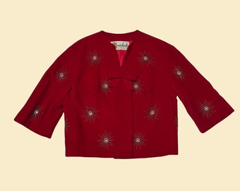 1960s red velvet jacket by J. Michaels & Bellino, vintage 60s jacket with beaded star patterns, ILGWU made