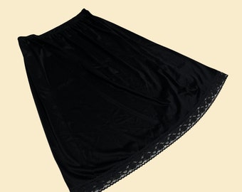 80s black lacy skirt slip by Vanity Fair, large vintage women's floral slip skirt with lace, 1980s vintage lingerie