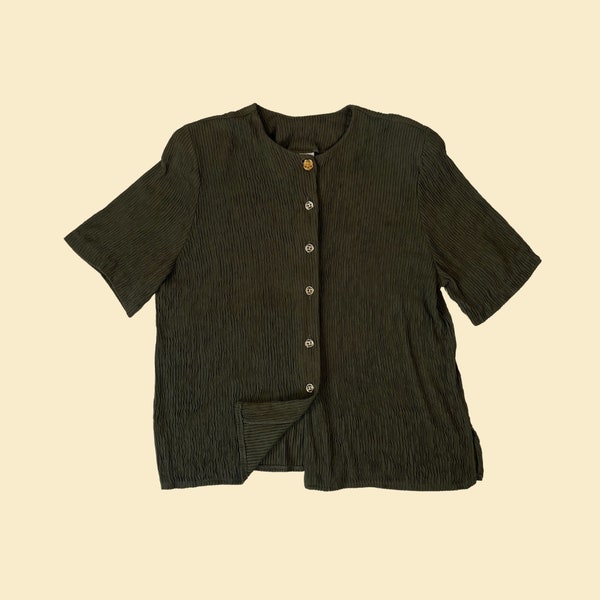 80s dark green blouse by Lauren Lee, size 18 vintage 1980s crinkly/textured button down short sleeve shirt