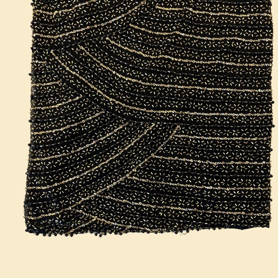 Medium 1980s Black Silk Dress Gold Beaded Appliqué Cocktail Peplum