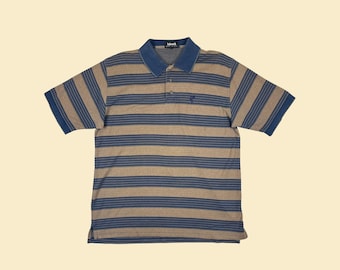 90s gestreiftes Poloshirt, Vintage Beige & Blaues Baumwoll Kurzarm Top von Ashwertiger