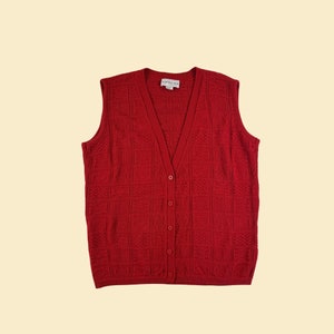 1980s red sweater vest, vintage size 1X solid red women&#39;s knit button up sleeveless sweater by Bedford Fair
