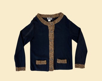 Pull cardigan noir des années 80 avec bordure en tricot marron, veste boutonnée vintage taille L par 212