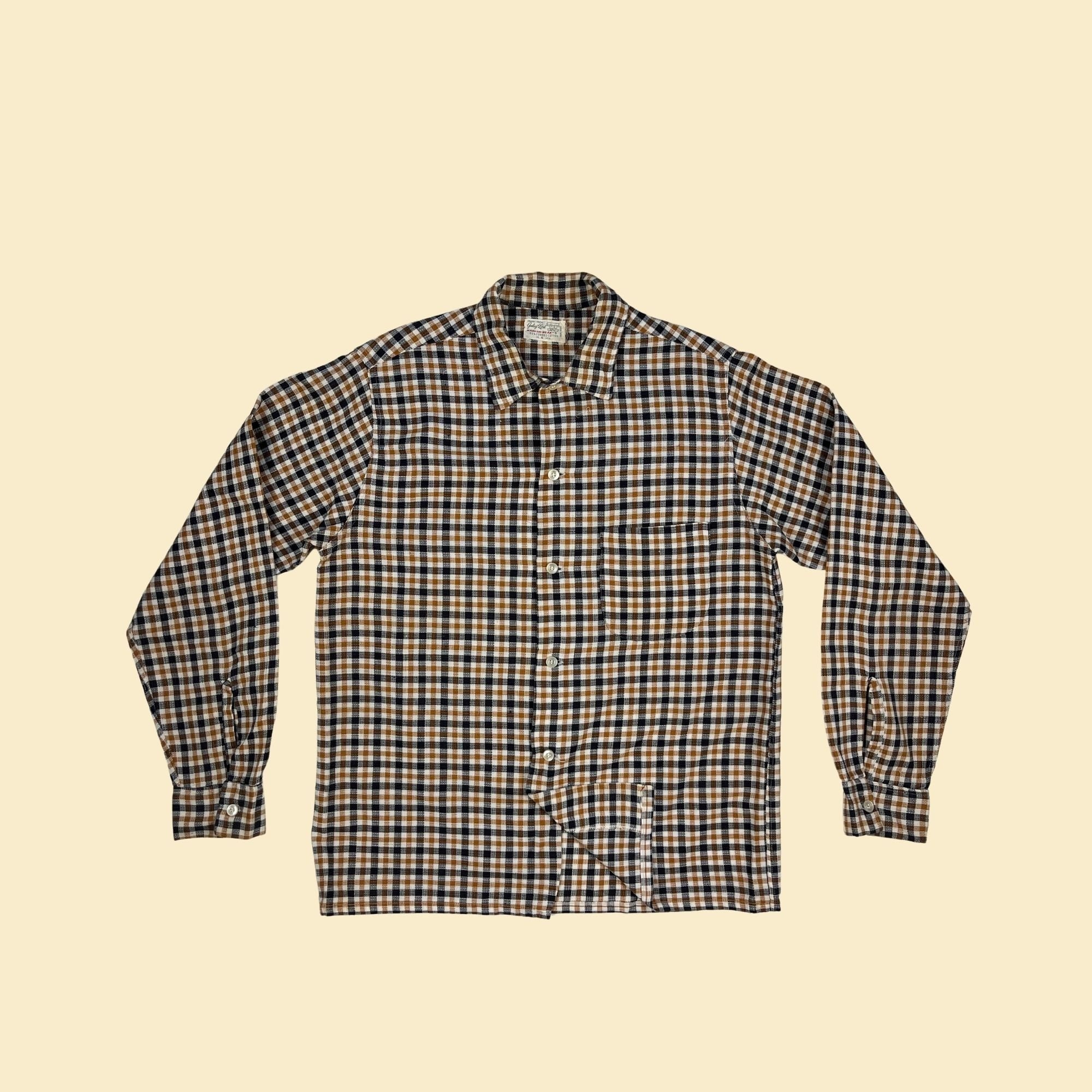 Vintage 60s Rayon Shadow Plaid Loop Collar Shirt Hombre