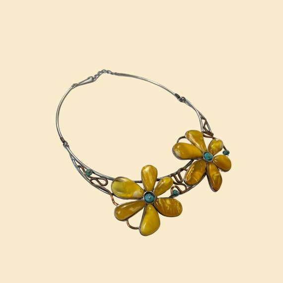 1980s floral collar necklace, vintage 80s yellow … - image 1