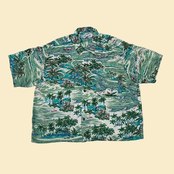 90s large teal shirt with palm tree pattern by Ut… - image 1