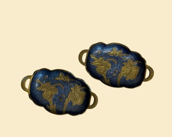 Set of 1960s blue brass & enamel floral trays, vintage catch all intricate heavy metal trays