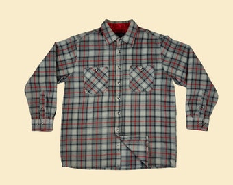 1980s grey flannel shirt by John Blair, vintage 80s grey, blue & red acrylic/polyester men's button down