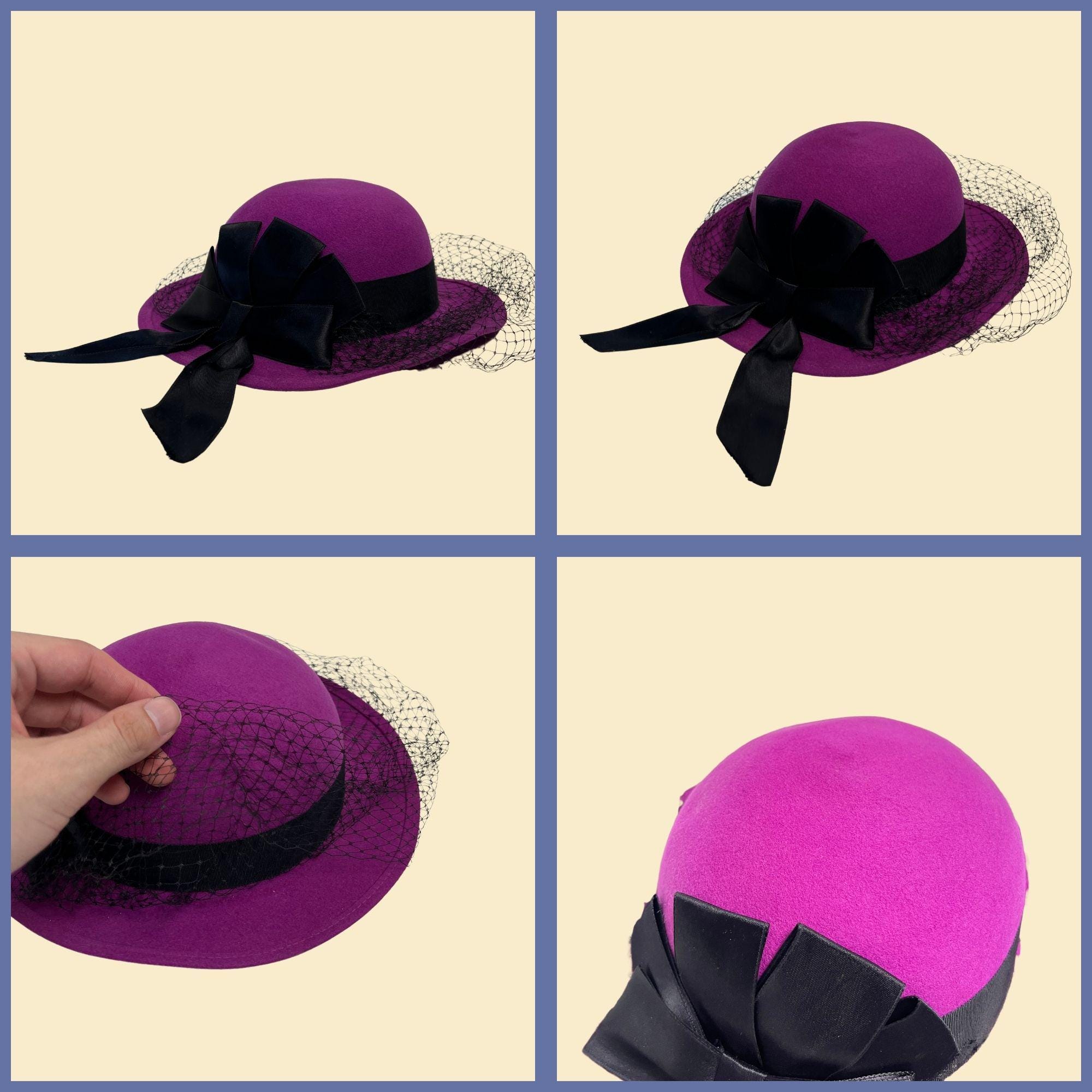 ヴィンテージ 80 年代 Liz Claiborne 紫のフォーマル帽子（黒のネット