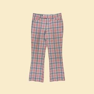 1970s flare leg pants, vintage 39x40 knit plaid red, white & blue textured trousers