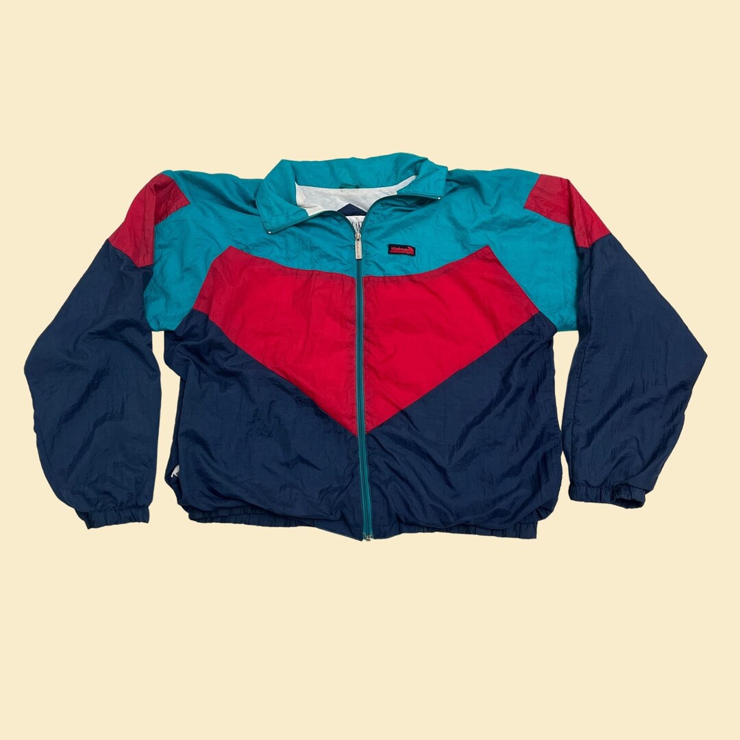 Vintage 80s Windbreaker Jacket in Size XL, 1980s Red Blue and Teal