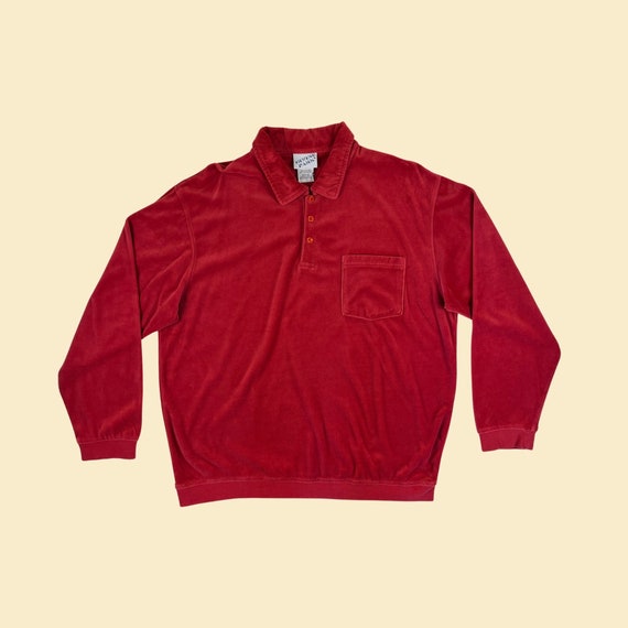 デパート 送料無料 90s XL Long Men's Red Solid Vintage Shirt, Polo Velour トップス
