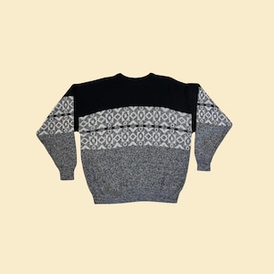 Vintage 80s/90s sweater, size XXL black/grey geometric crewneck knit pullover