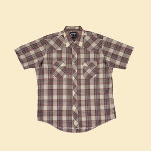 1980er Jahre Wrangler Herrenhemd, Vintage-Western-Schnitt Burgunder & Beige karierter Kurzarm Cowboy-Schnappverschluss