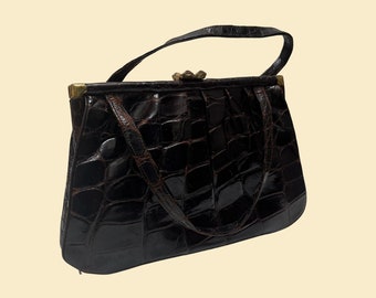 60s brown leather handbag, vintage 1960s frame bag with brass colored hardware