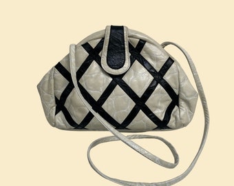 80s Fifth Avenue Bags leather shoulder bag, vintage black and white frame bag, 1980s purse