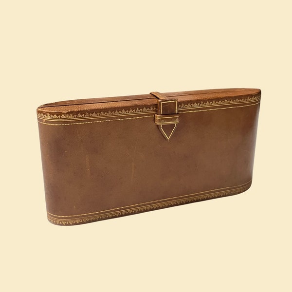1940s Italian leather clutch bag, brown and gold vintage compact bag made in Italy, antique women's wallet / makeup bag