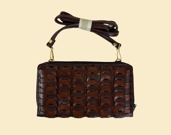 90s basketweave leather clutch / shoulder bag by Handbags Monique, vintage 1990s brown faux-leather wallet